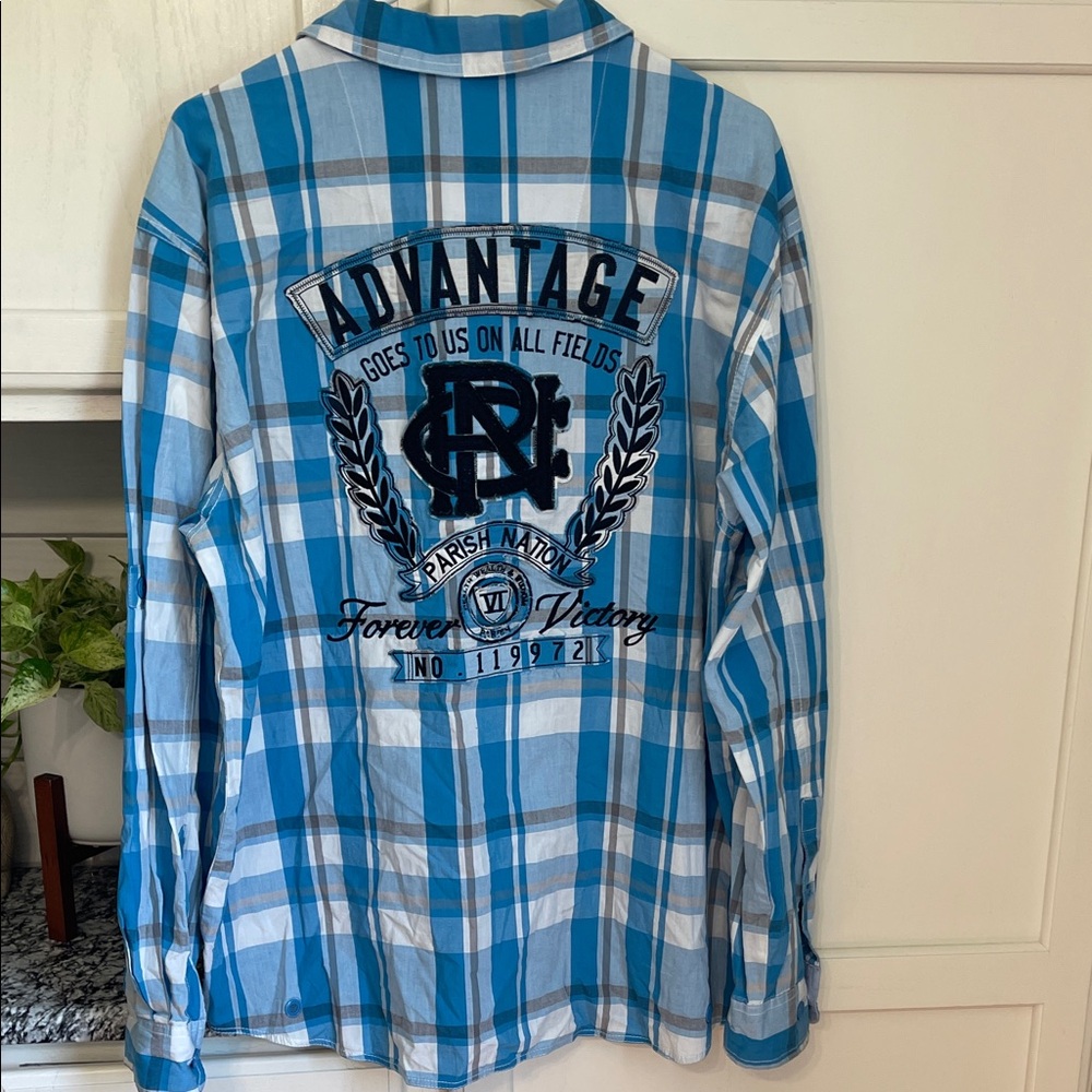 Parish Nation Mens Blue Plaid Graphic Embroidered Button Down Shirt XL